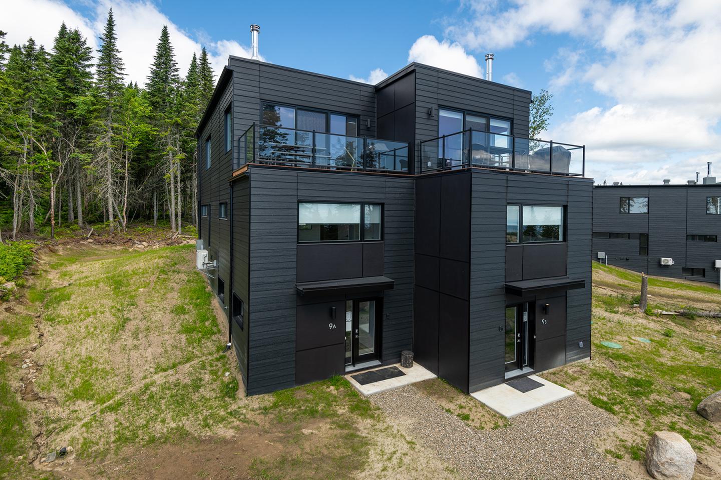 Maison moderne noire à deux étages avec grandes fenêtres, entourée d'arbres et d'herbe.