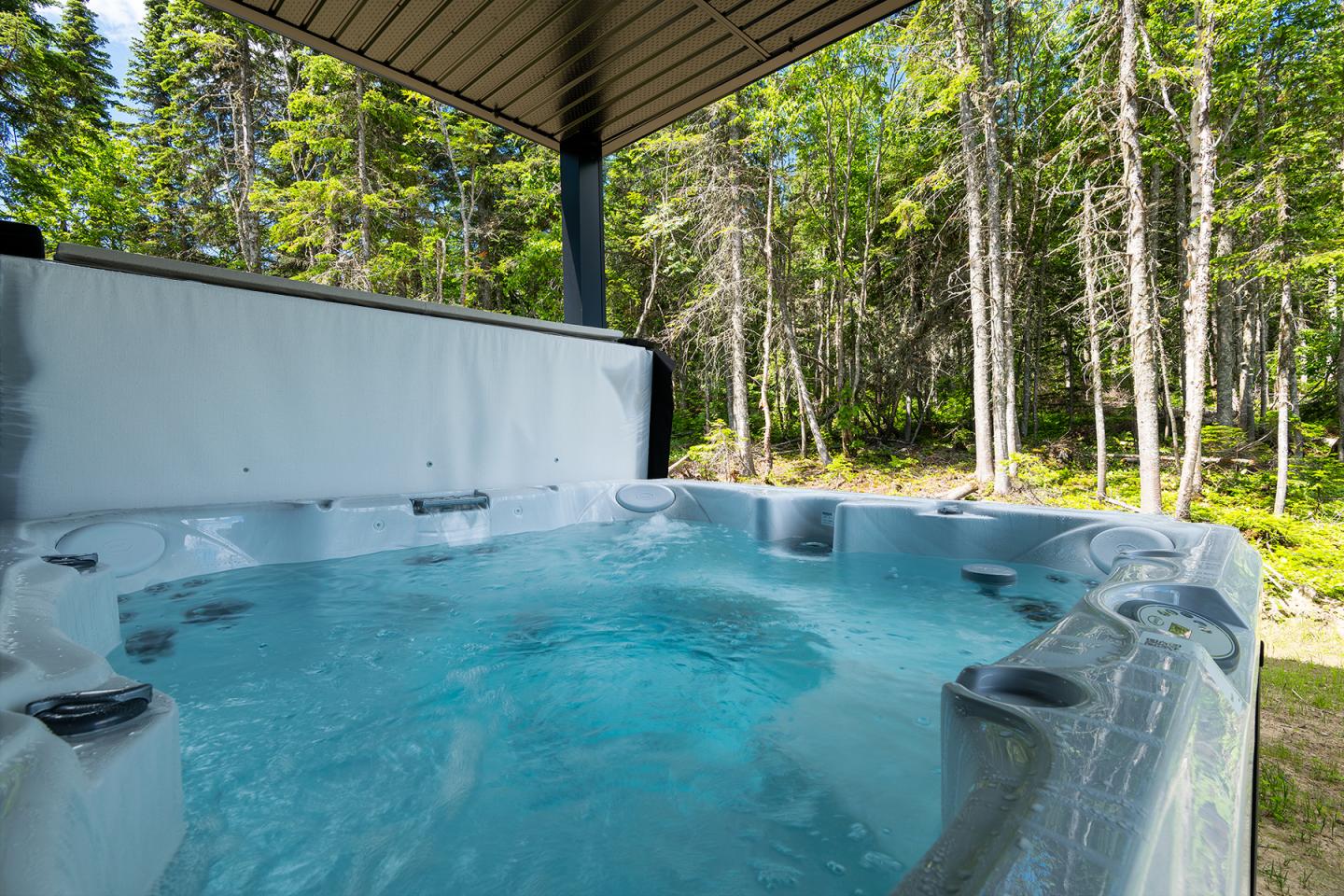 Jacuzzi bleu sous un auvent, bordé de forêt verdoyante.