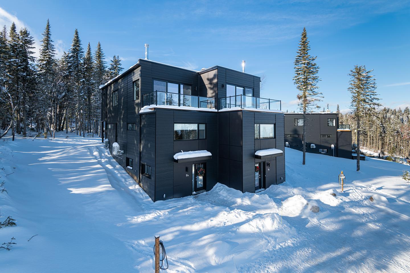 Maisons modernes noires entourées de neige et de sapins sous un ciel bleu.