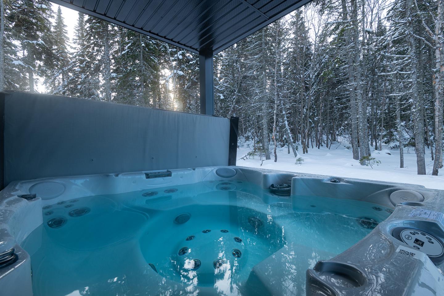 Spa extérieur avec de l'eau turquoise entouré de neige et de pins.