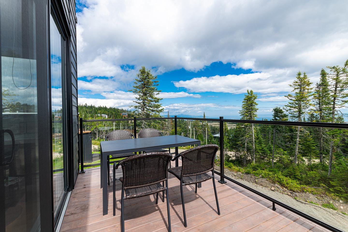 Terrasse en bois avec table noire, vue sur forêt et ciel nuageux.