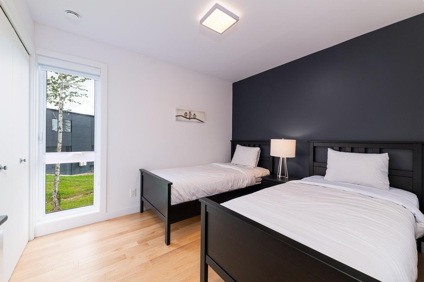 Chambre moderne avec deux lits simples et mur sombre, fenêtre lumineuse.