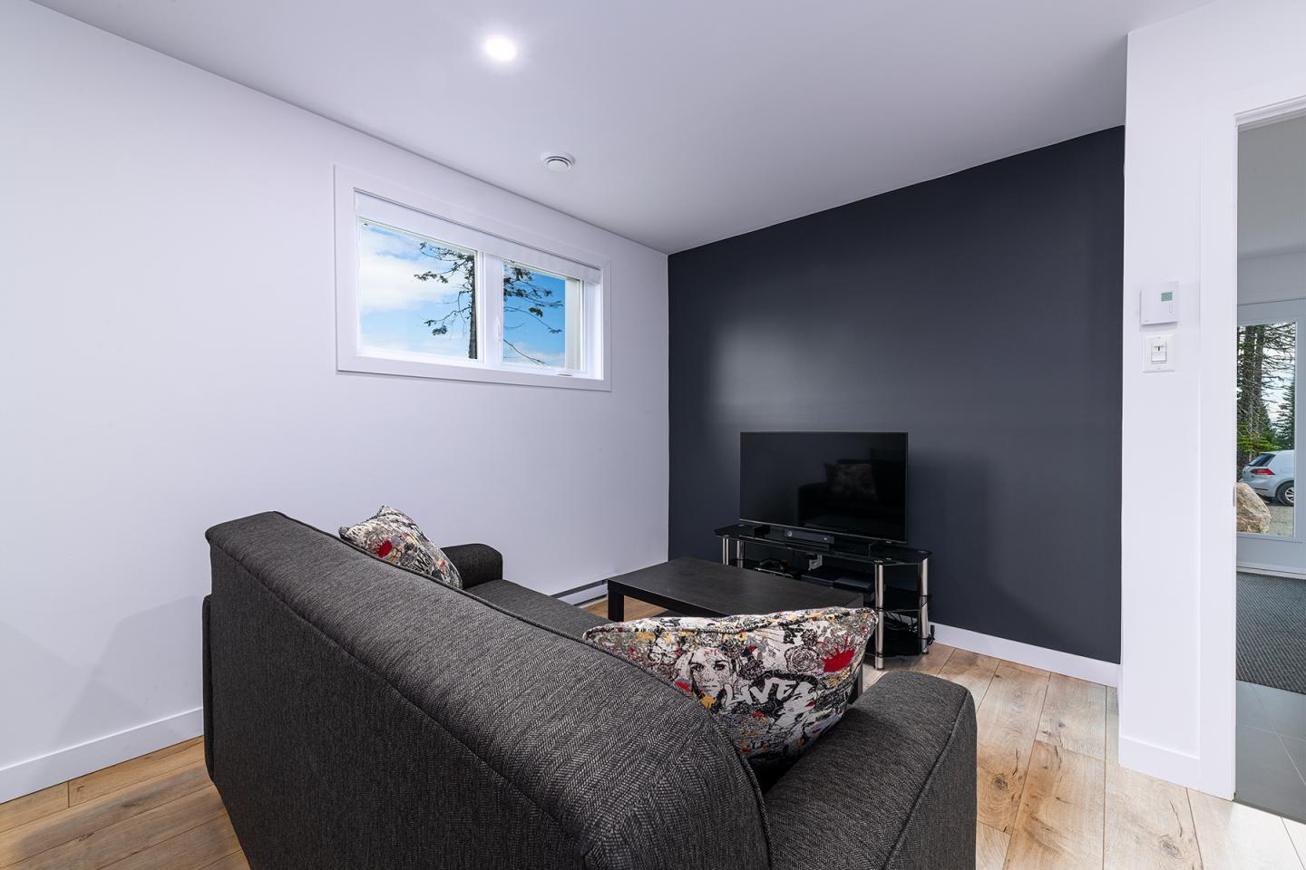 Salon moderne avec canapé gris, mur bleu foncé, téléviseur et fenêtre.