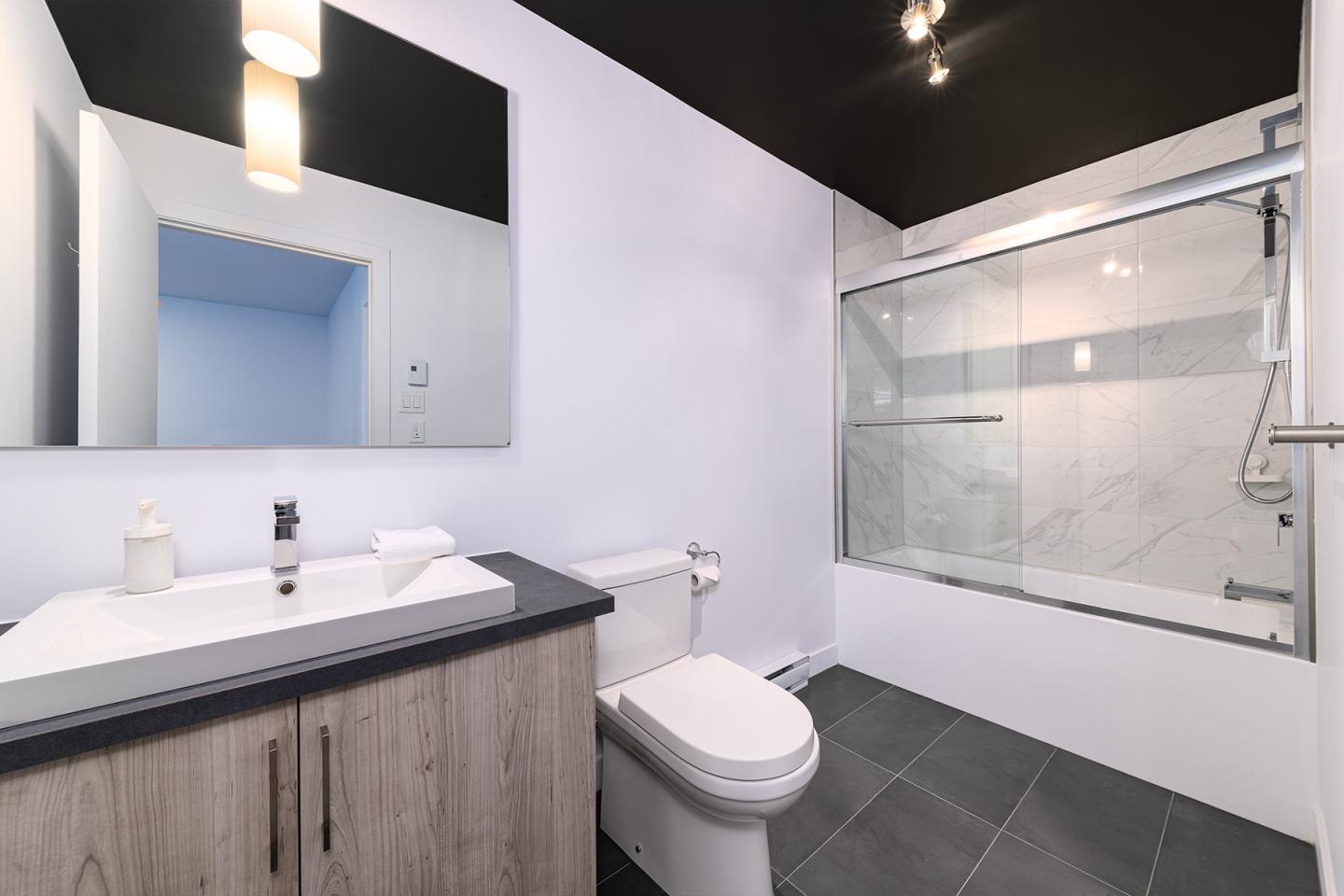 Salle de bain moderne avec douche vitrée et lavabo blanc.