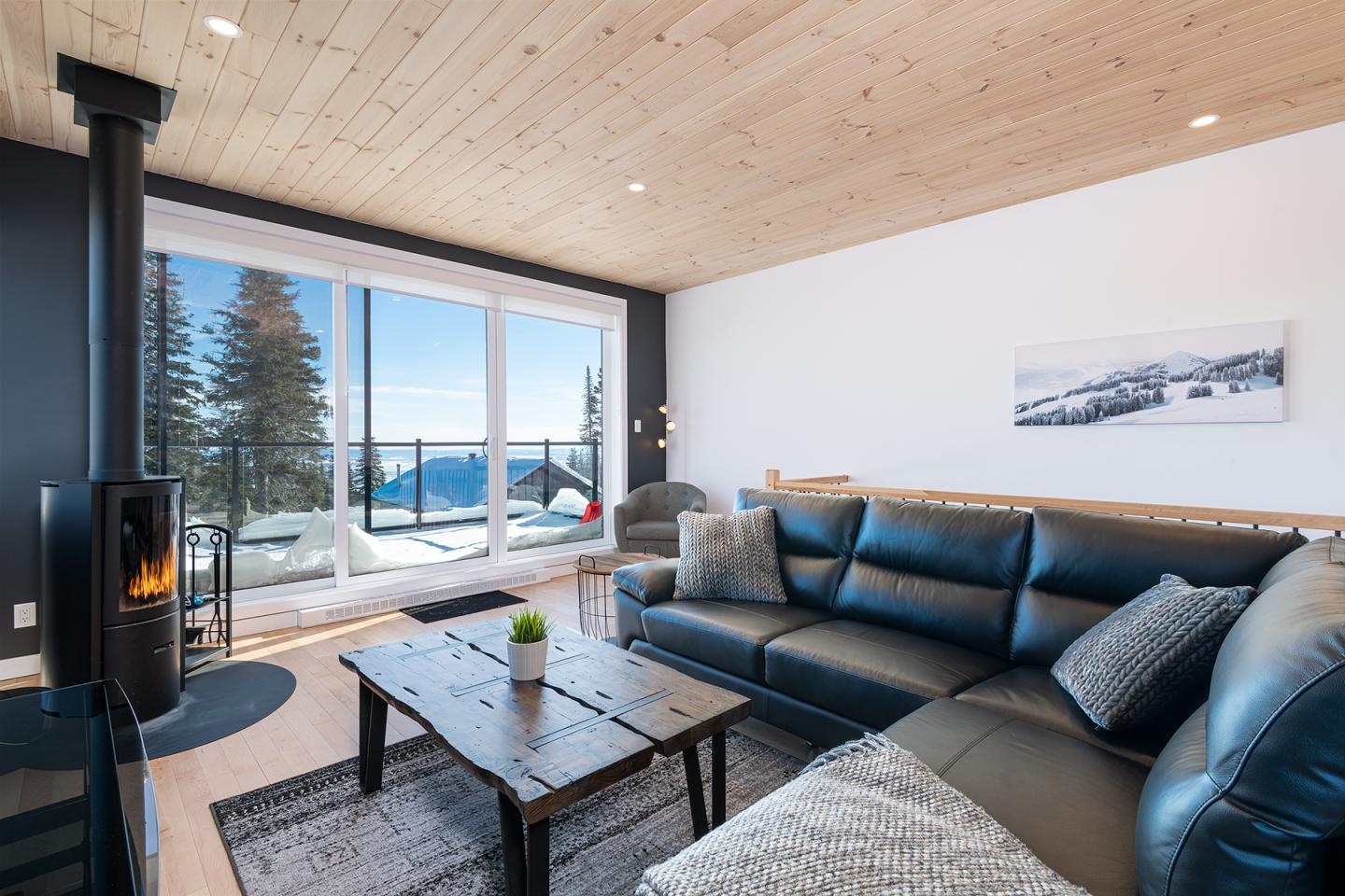 Salon moderne avec canapé en cuir, poêle à bois, vue sur montagne enneigée.