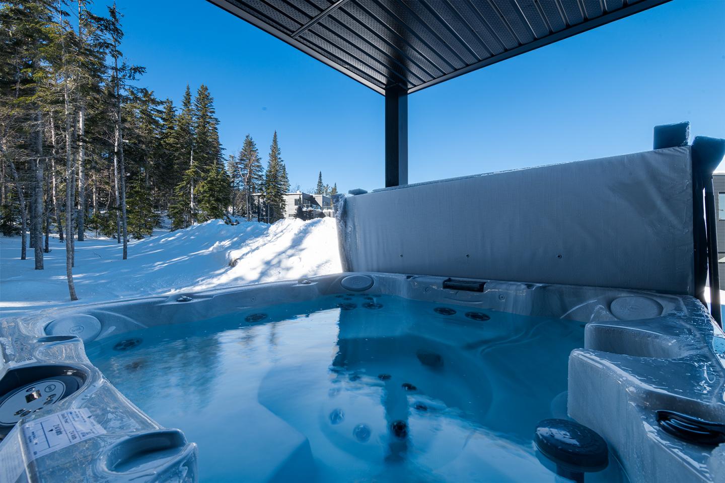 Spa extérieur avec vue sur forêt enneigée et ciel bleu.