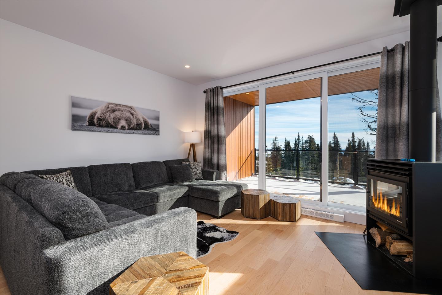Salon moderne avec canapé gris, cheminée allumée, grandes fenêtres et vue sur la forêt.