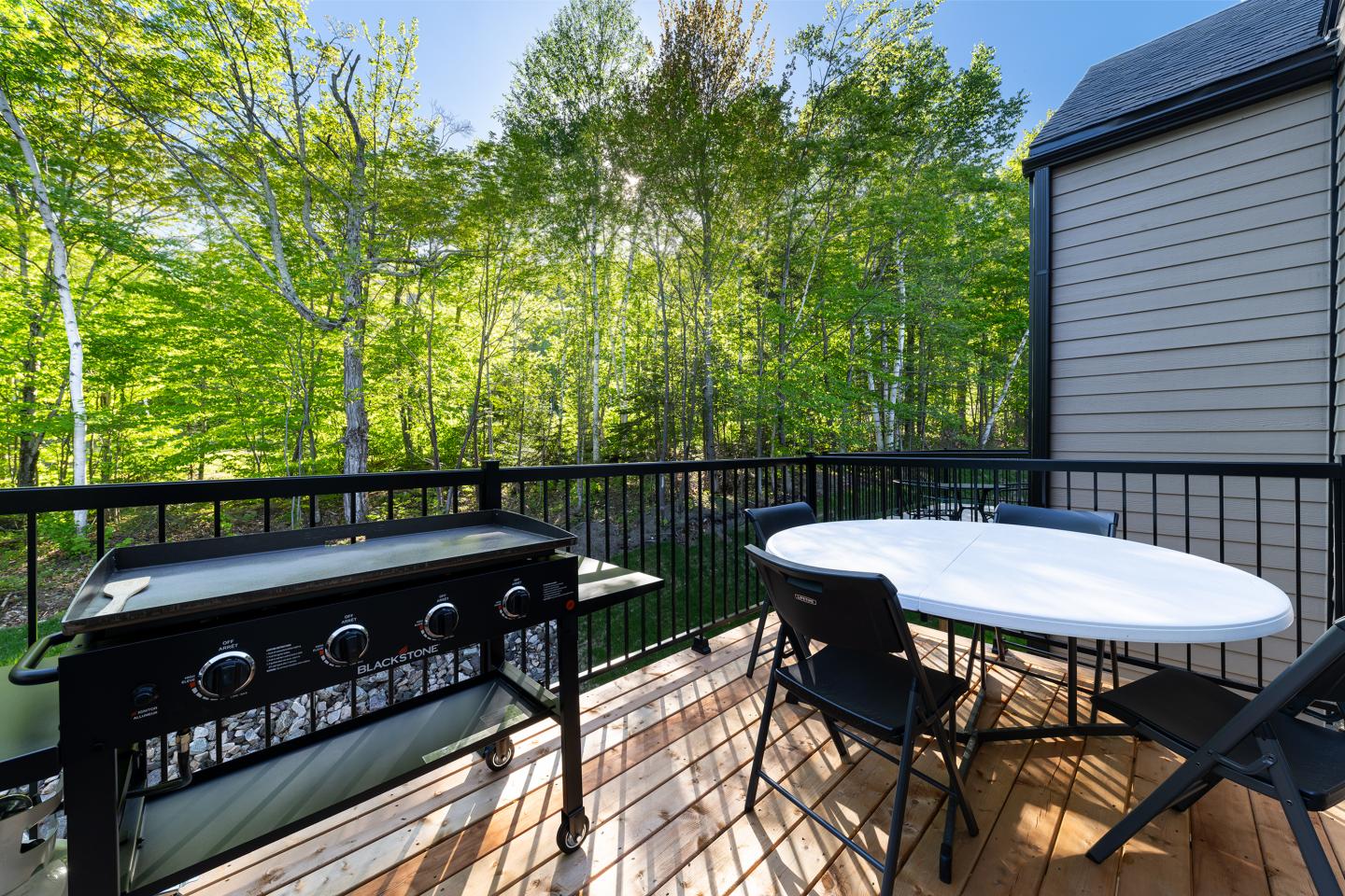 Terrasse en bois, barbecue, table ronde blanche, vue forêt verdoyante.