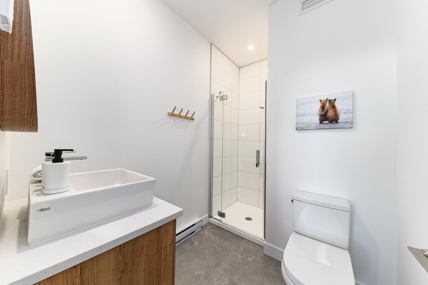 Salle de bain moderne avec douche, lavabo, et WC, murs blancs.