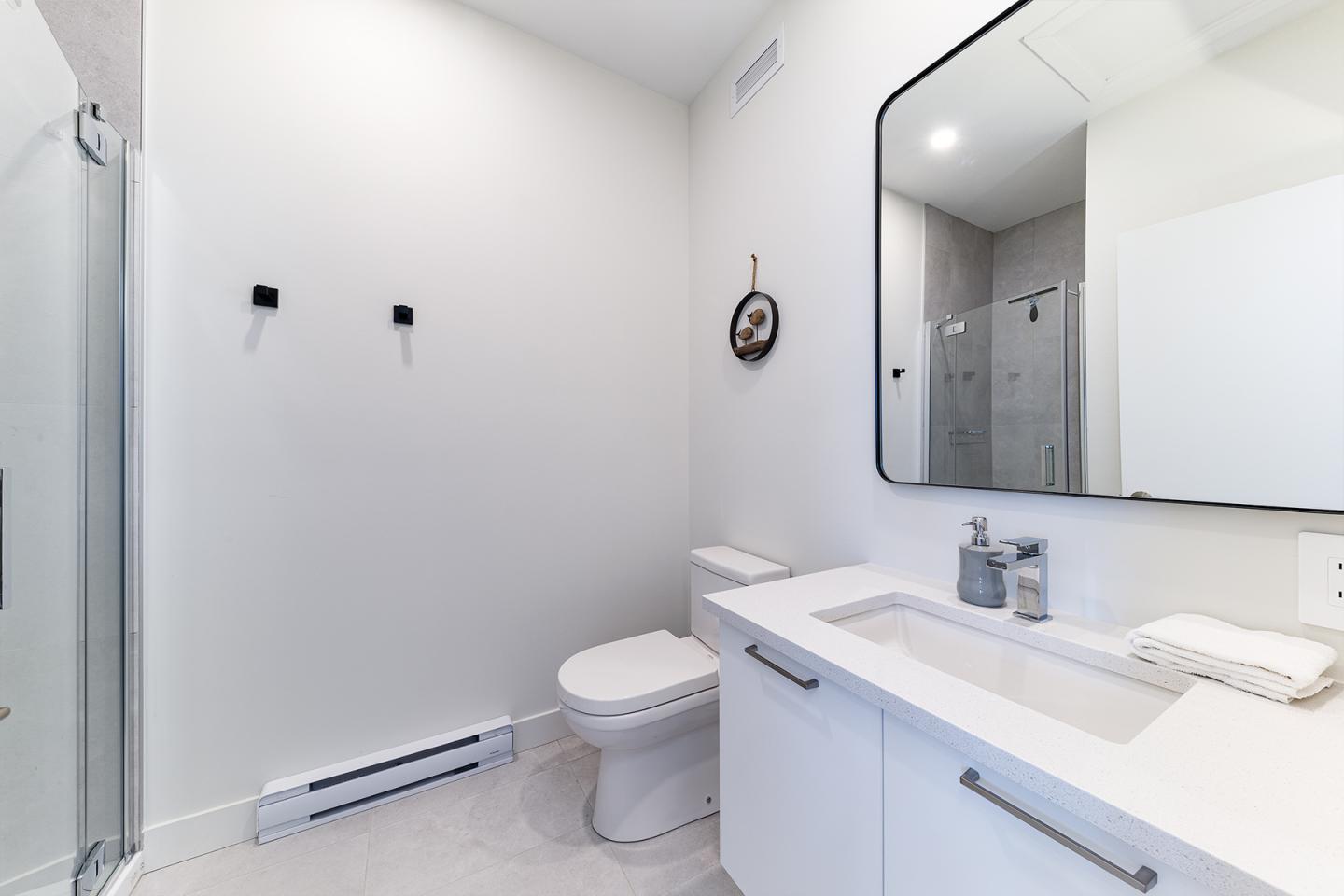 Salle de bain moderne avec douche vitrée, lavabo blanc et grand miroir.