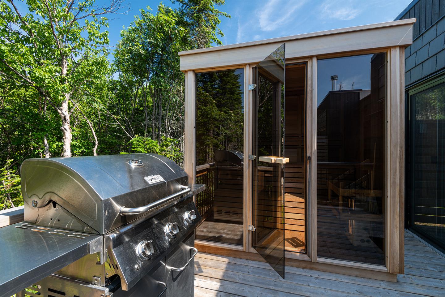 Barbecue en acier et sauna vitré sur terrasse ensoleillée.