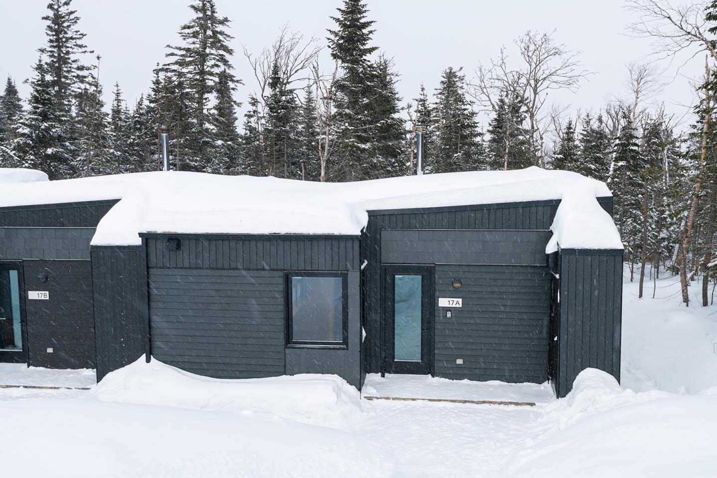 Maison moderne en bois noir recouverte de neige, entourée de sapins.