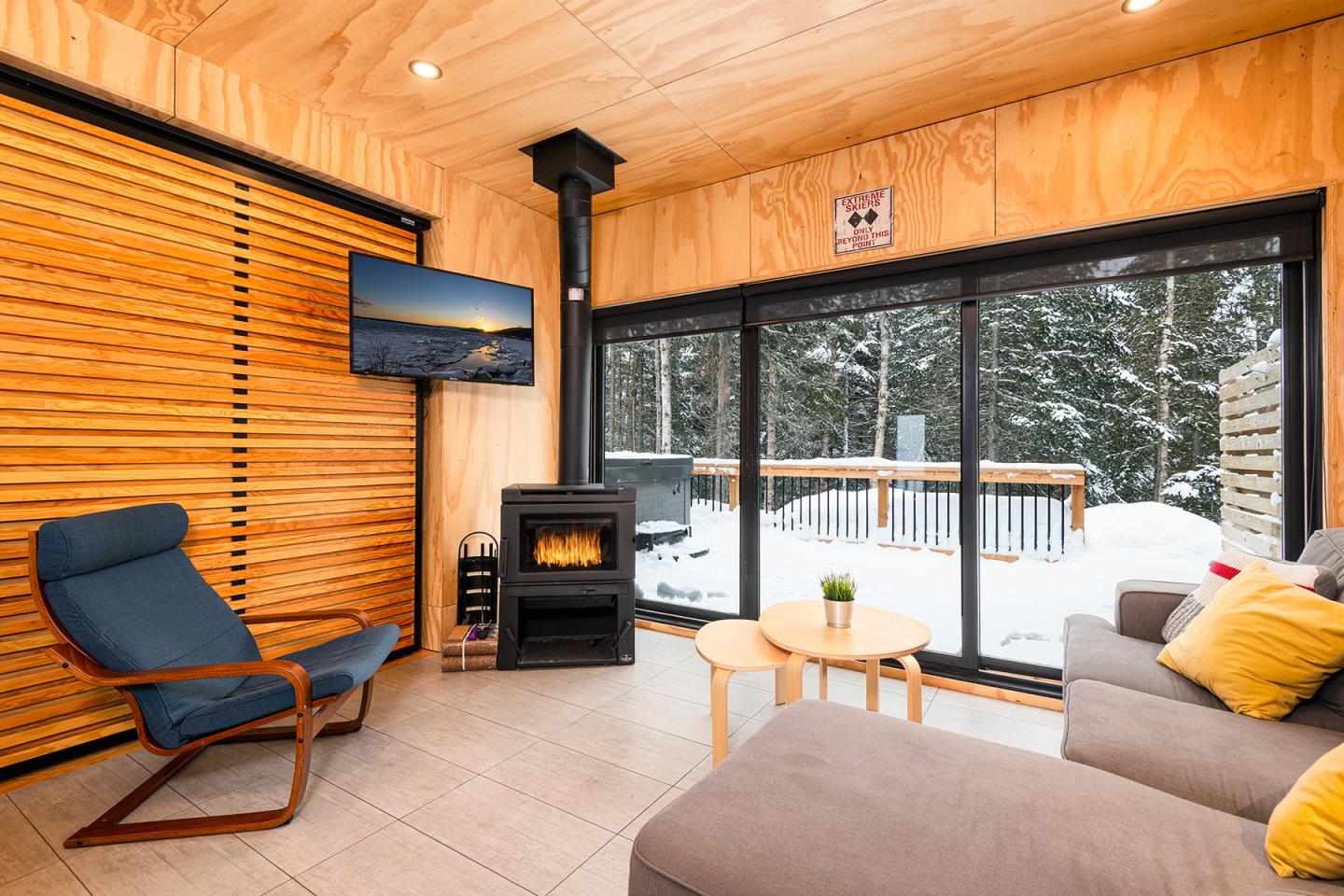 Salon moderne avec poêle à bois, fauteuil bleu, canapé gris et vue sur neige.