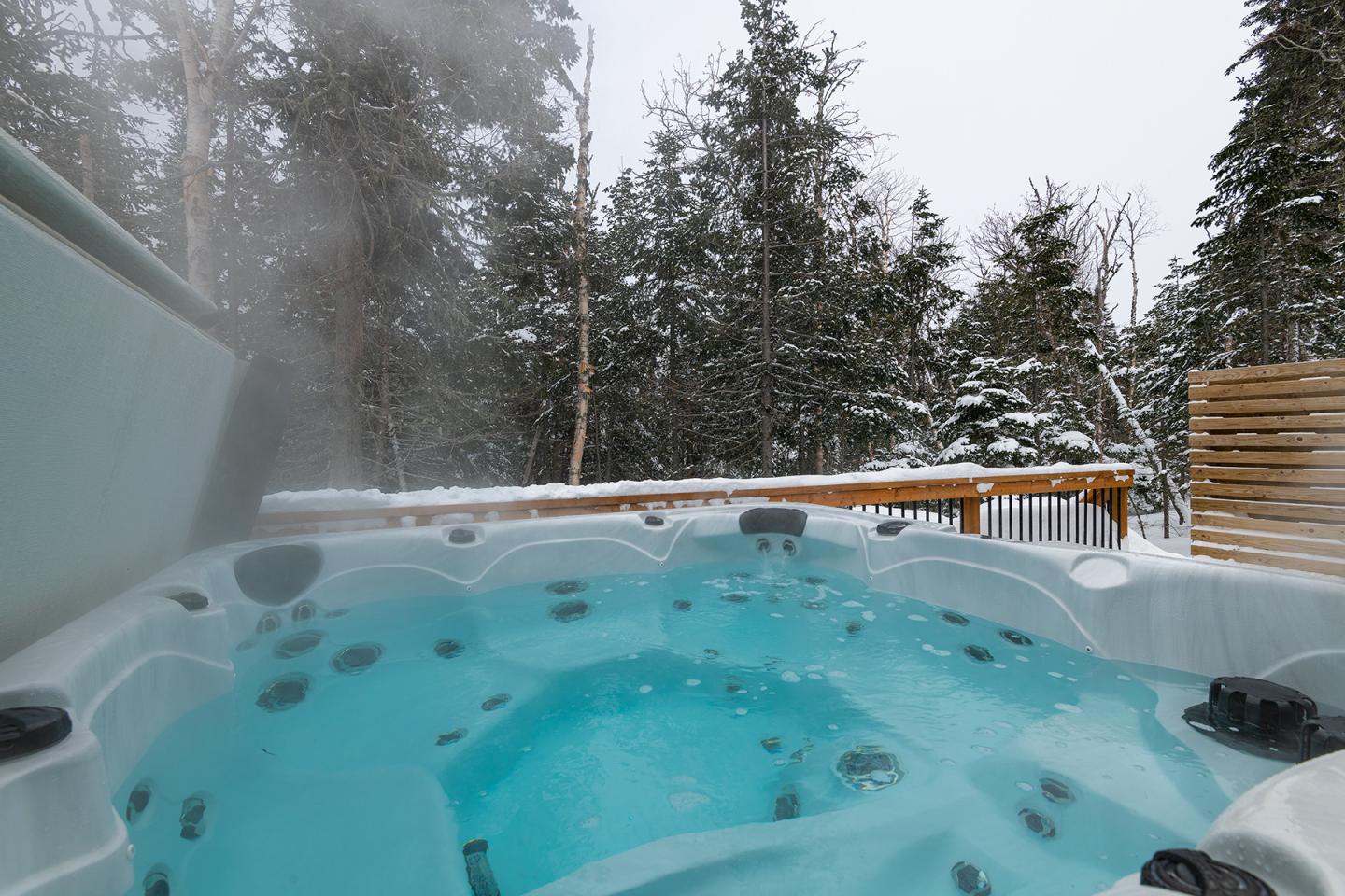 Jacuzzi fumant sur une terrasse enneigée entourée d'arbres.