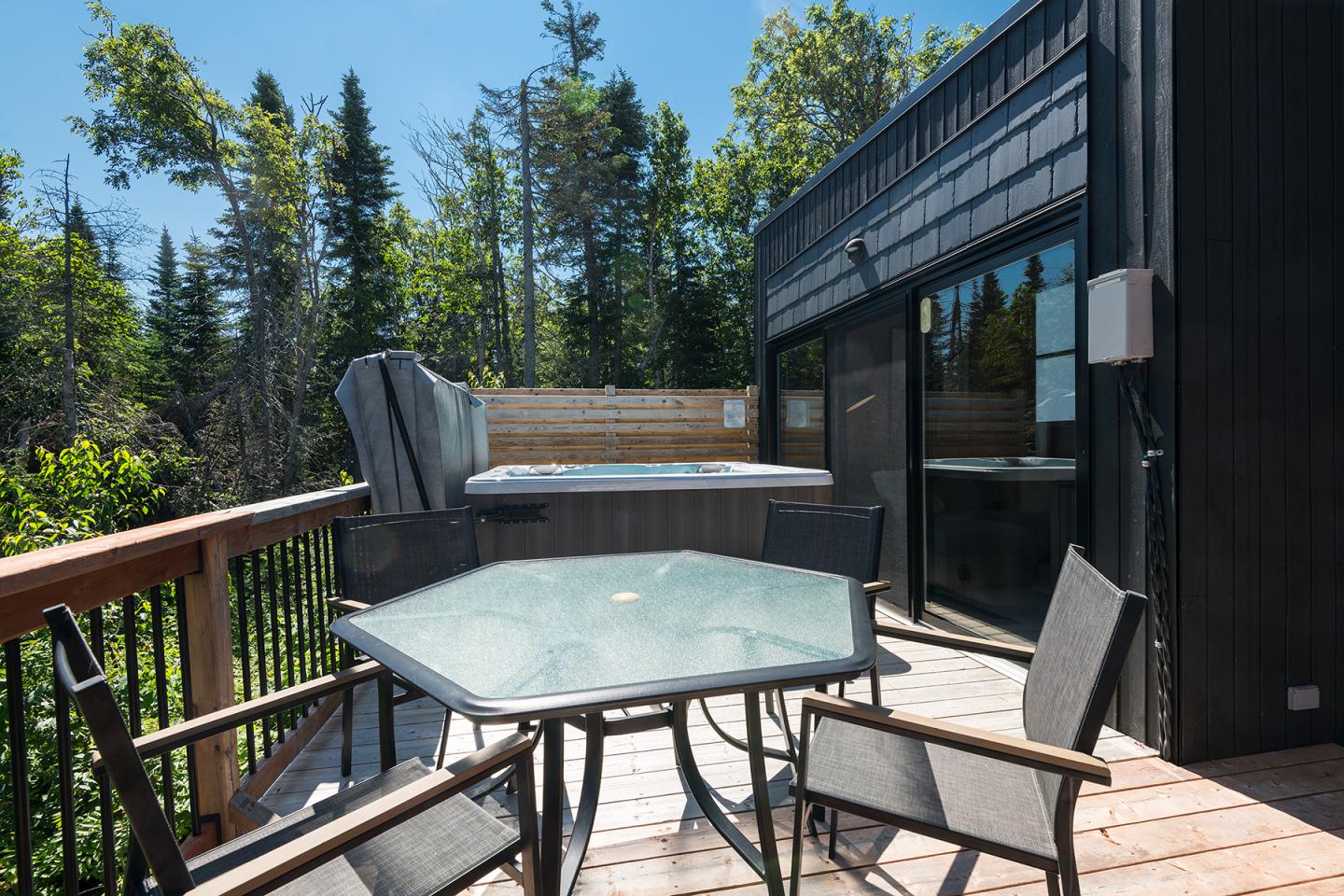 Terrasse avec table, chaises, jacuzzi et vue sur la forêt en arrière-plan.