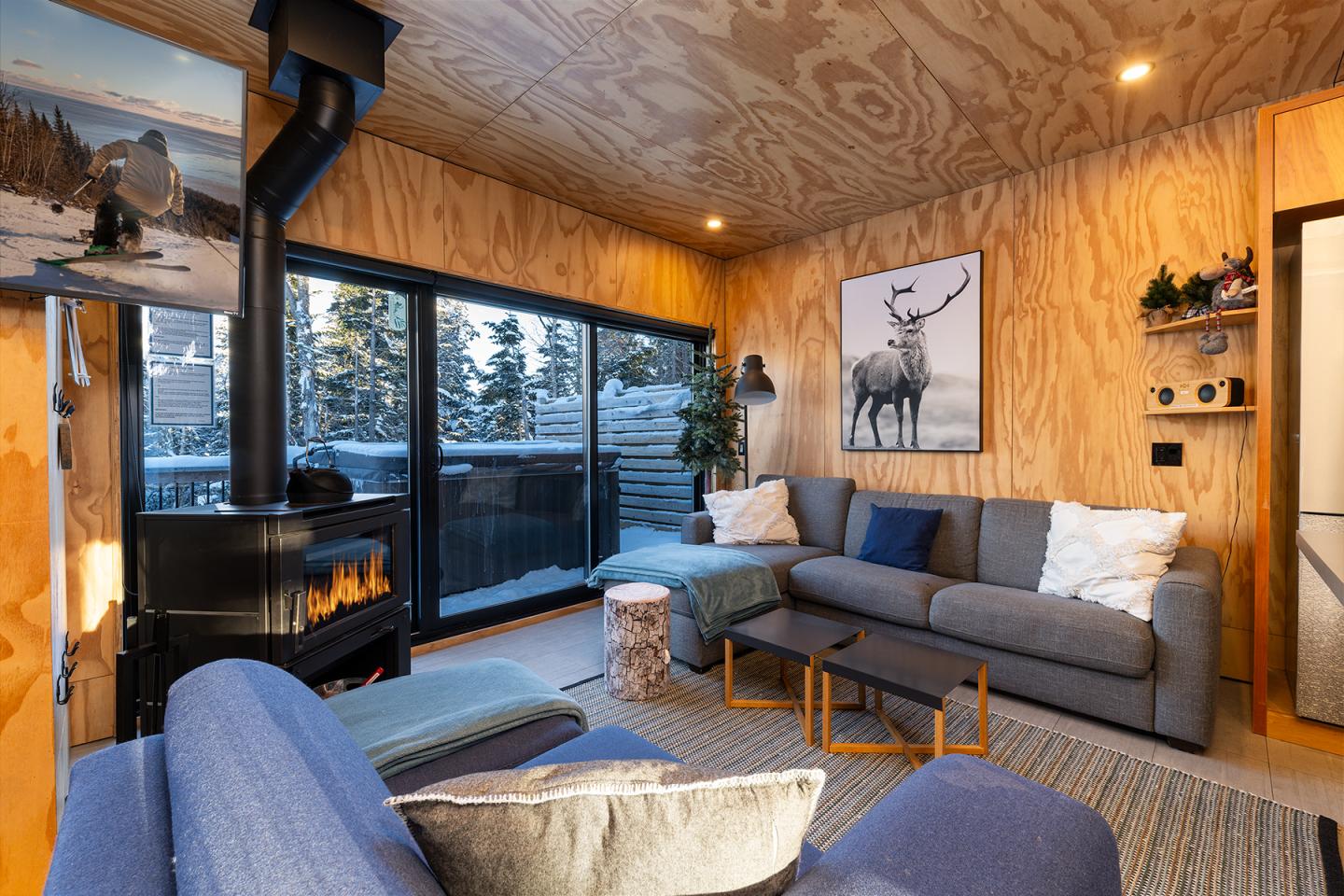 Salon moderne avec poêle à bois, canapé gris et grande fenêtre donnant sur la forêt.