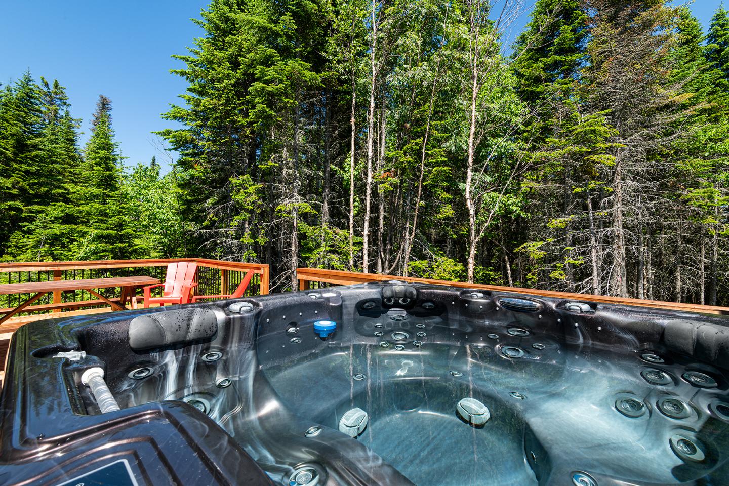 Jacuzzi sur terrasse en bois entourée de forêt verdoyante.
