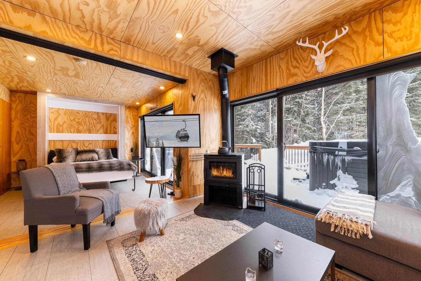 Salon en bois avec poêle à bois, canapé gris et vue sur l'extérieur enneigé.