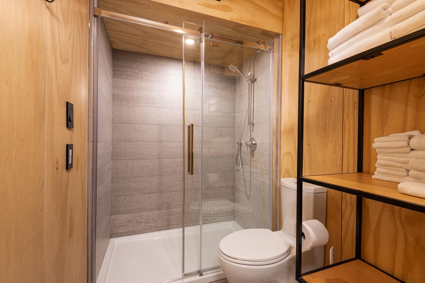Salle de bain moderne avec douche vitrée, étagère et toilette.