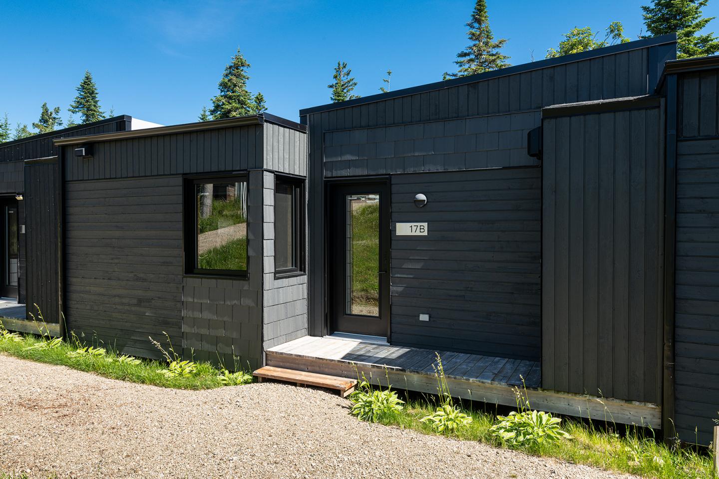Maison moderne en bois sombre sous un ciel bleu, entourée d'arbres.