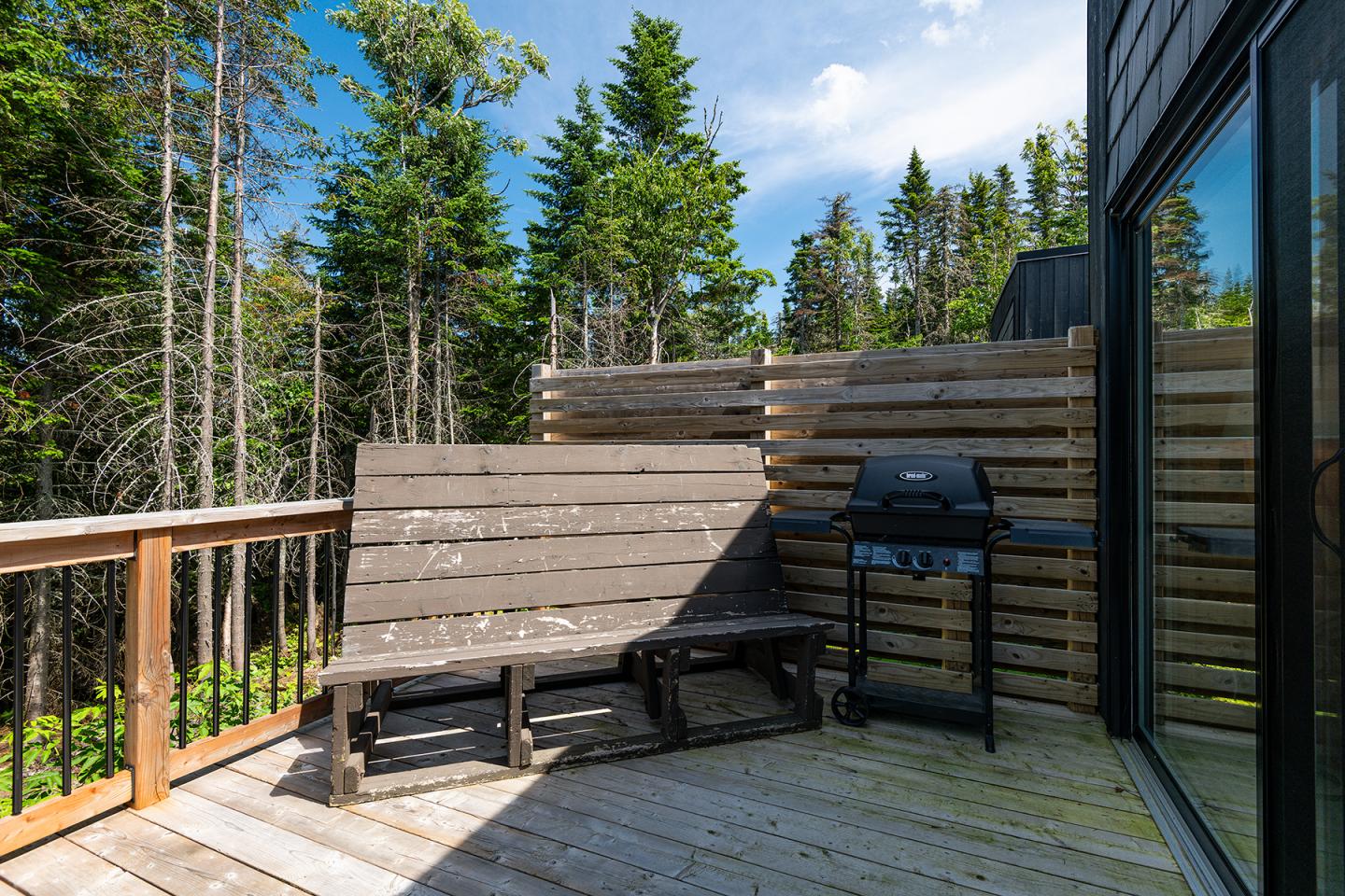 Terrasse en bois avec banc et barbecue, forêt en arrière-plan.