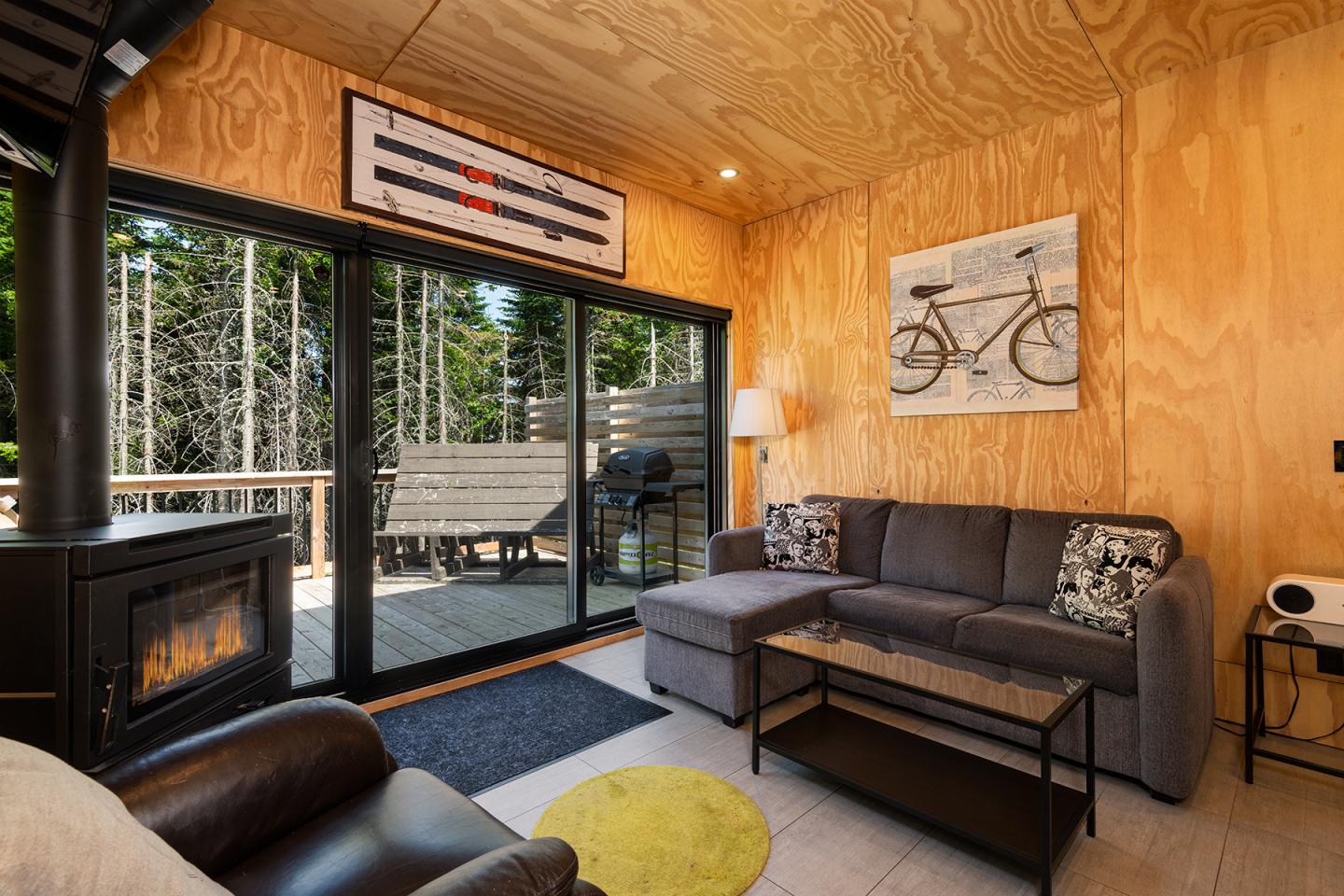 Salon en bois avec poêle, canapé gris et tableau de vélo, vue sur terrasse boisée.