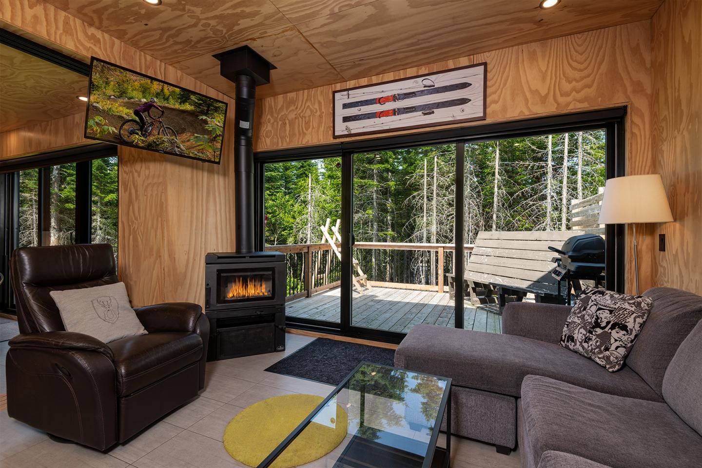 Salon en bois avec canapé, poêle, TV et grande fenêtre sur terrasse et forêt.