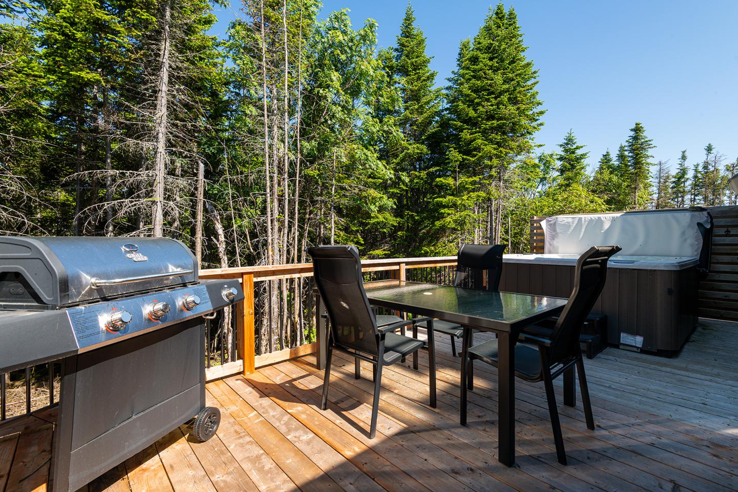 Terrasse en bois avec barbecue, table et chaises, entourée de forêt verdoyante.