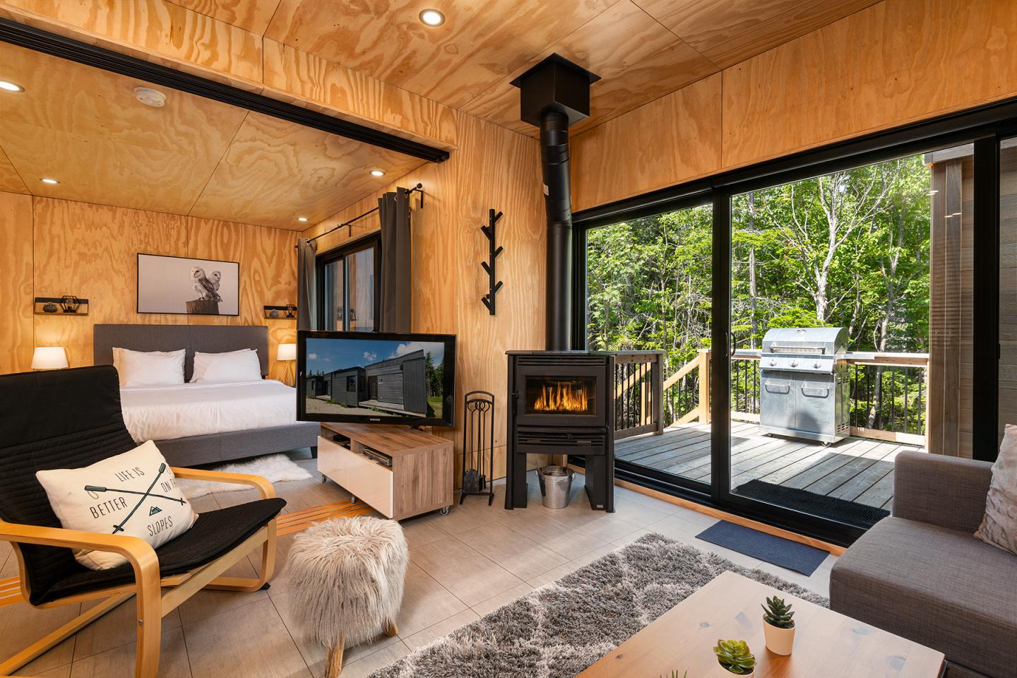 Salon en bois avec cheminée, vue sur terrasse et forêt.