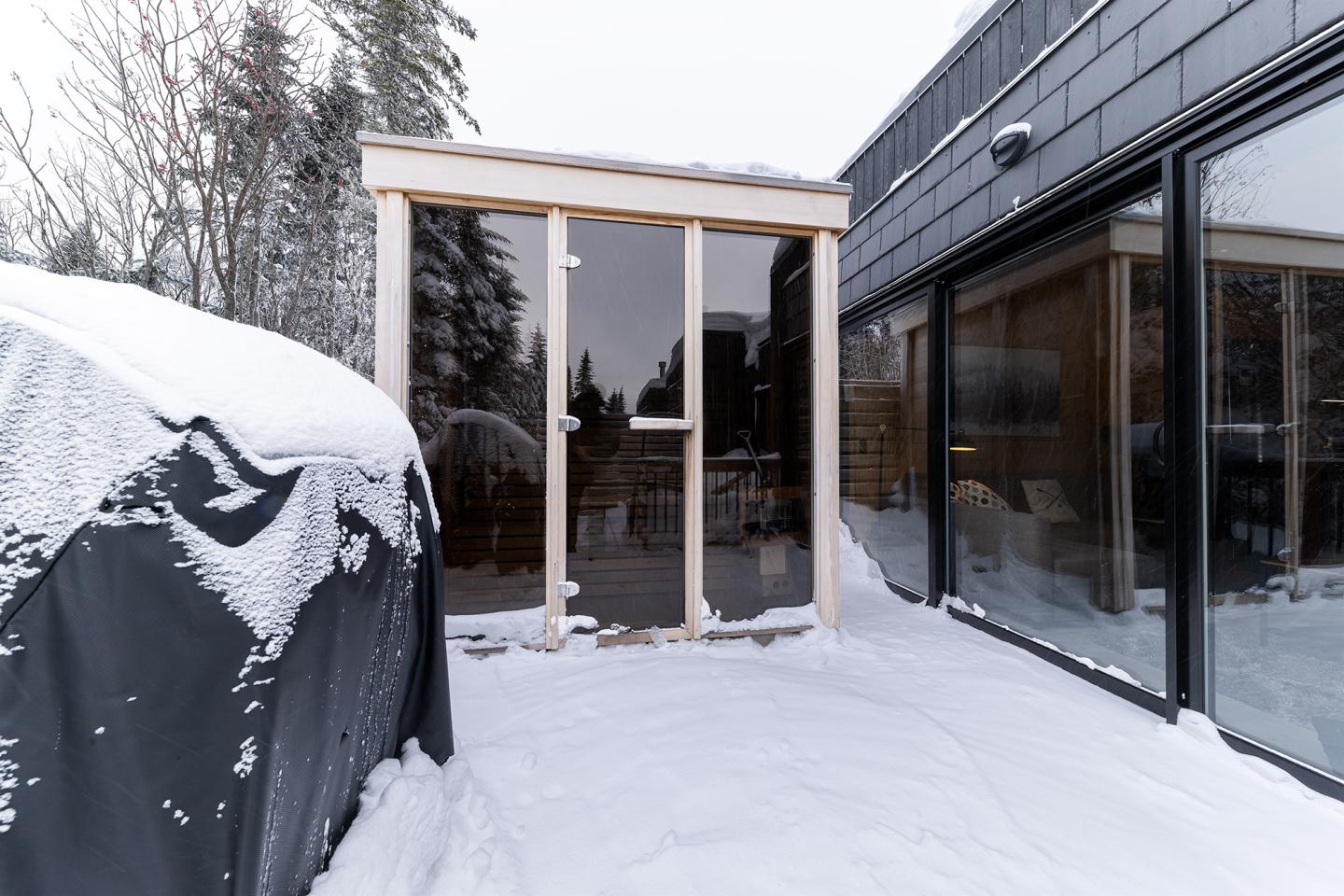 Entrée vitrée d'une maison en hiver, avec neige et arbres en arrière-plan.