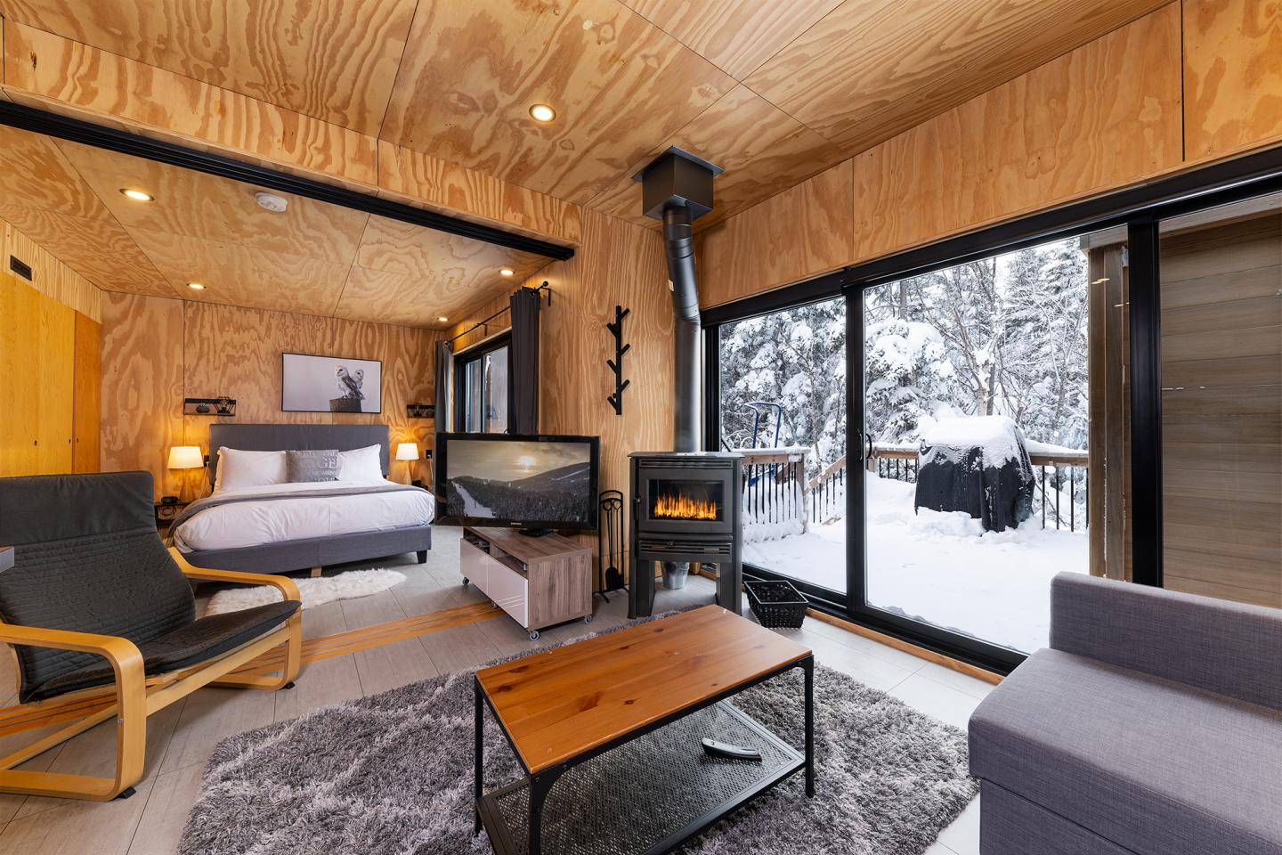 Salon moderne en bois, cheminée allumée, vue sur neige par les fenêtres, lit et fauteuils présents.