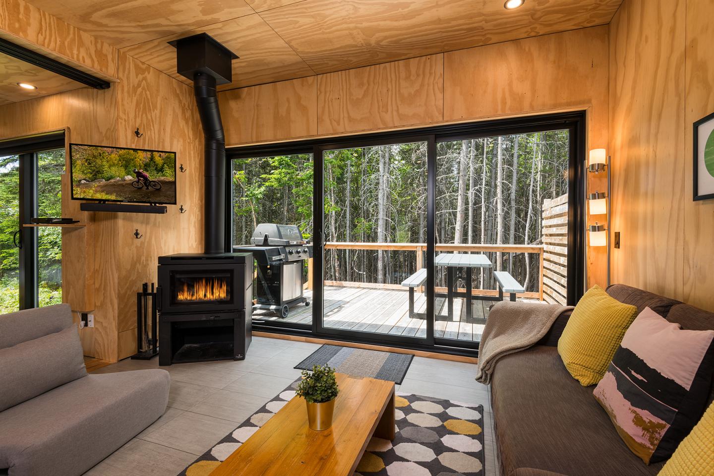 Salon en bois avec cheminée, canapé, TV, terrasse donnant sur forêt.