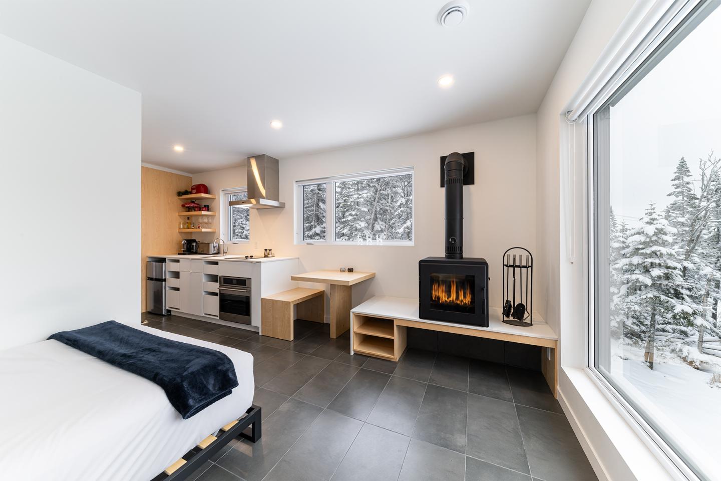 Petite maison moderne, intérieur minimaliste avec poêle à bois, fenêtre sur paysage enneigé.