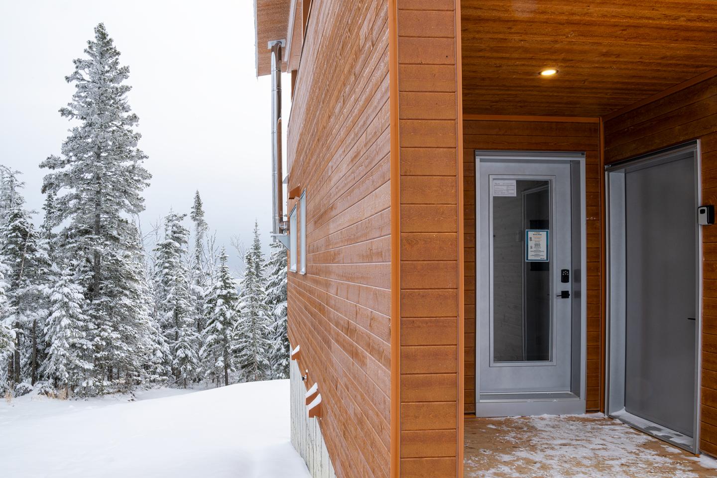 Entrée d'une maison en bois, paysage enneigé et sapins en arrière-plan.