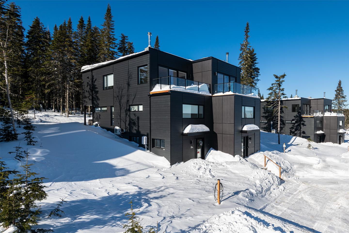 Maisons modernes noires dans un paysage enneigé, sous un ciel bleu.