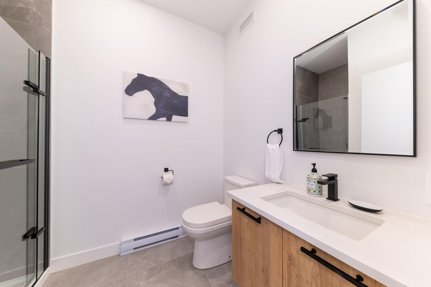 Salle de bain moderne avec douche, lavabo, et miroir.