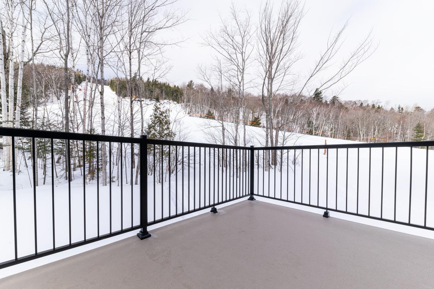 Balcon enneigé avec vue sur une forêt hivernale.