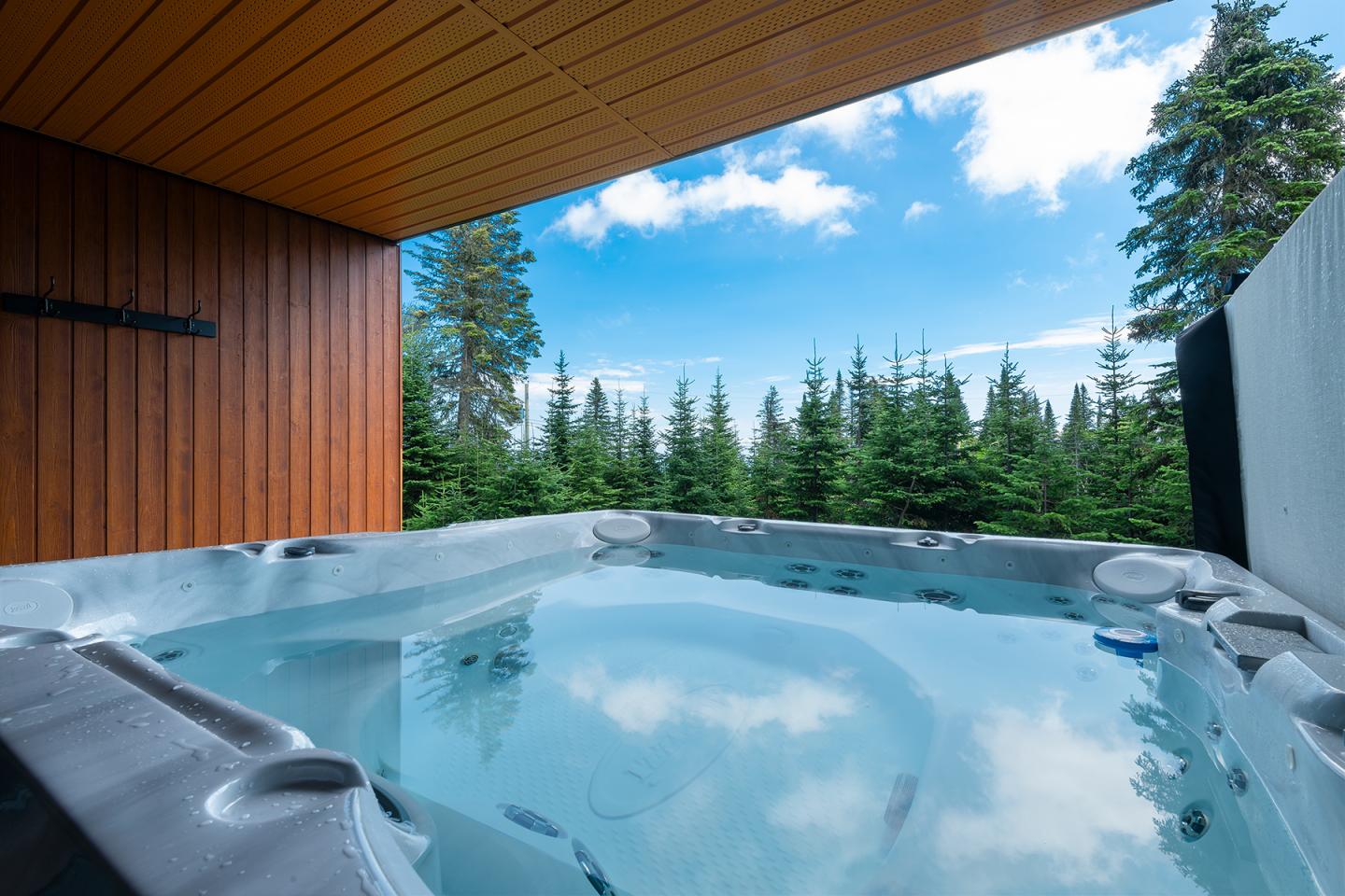 Spa extérieur avec vue sur forêt et ciel bleu.