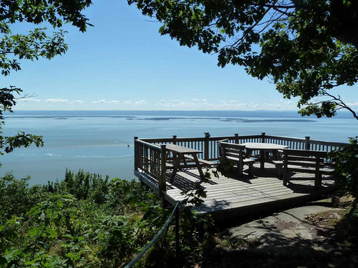 Terrasse en bois avec vue sur un paysage de mer et ciel bleu, entourée d'arbres.
