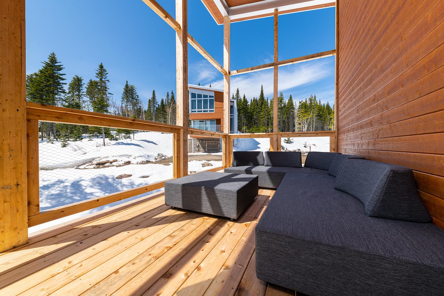 Terrasse en bois avec canapé gris, vue sur la neige et sapins sous un ciel bleu.