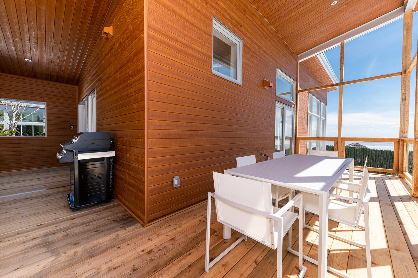 Terrasse en bois avec barbecue et table blanche sous un toit incliné.