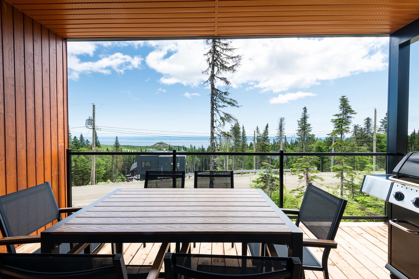 Terrasse en bois avec table et chaises, vue sur forêt et mer à l'horizon.
