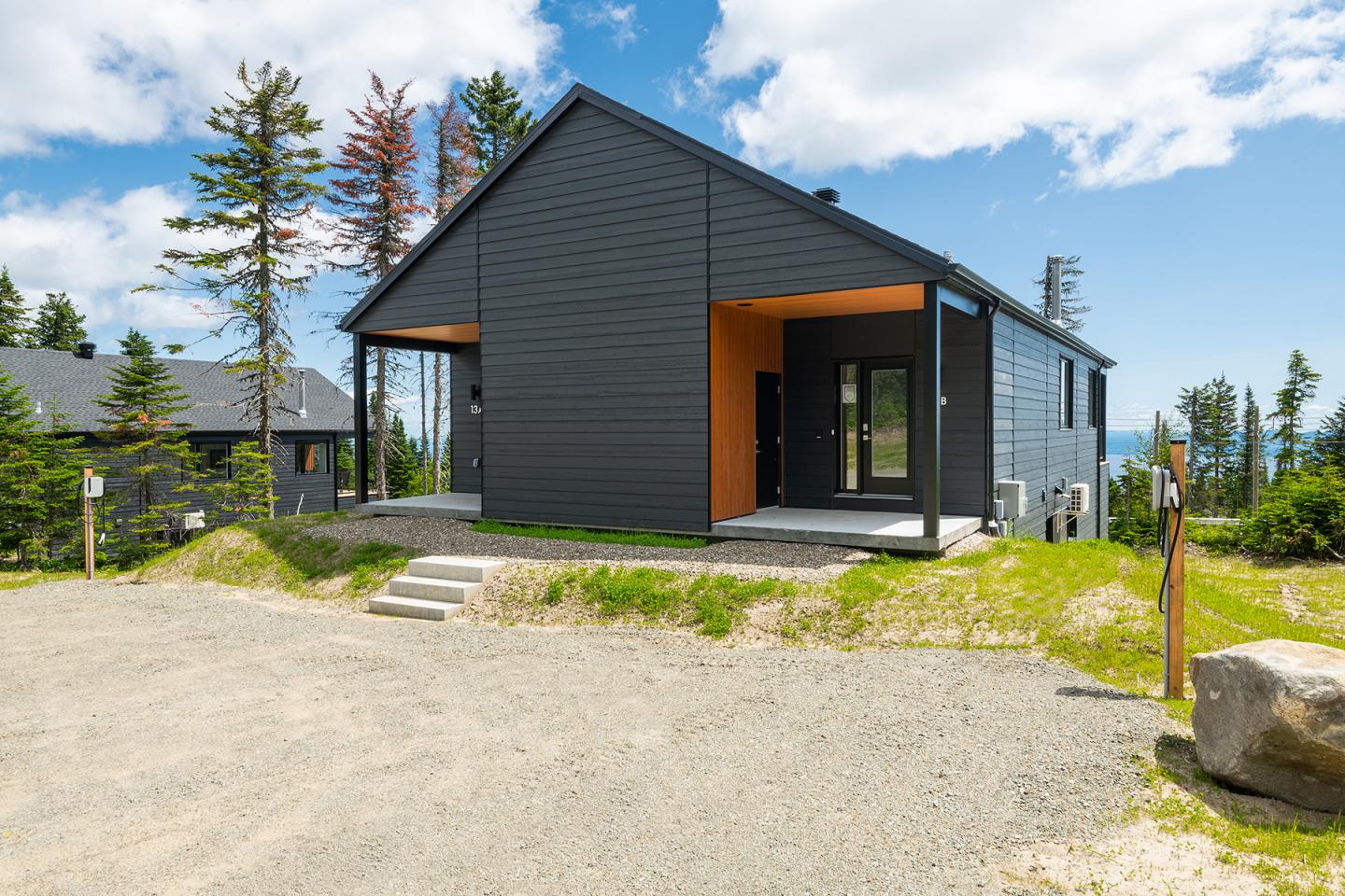 Maison moderne en bois sombre entourée de verdure, ciel bleu et nuageux.