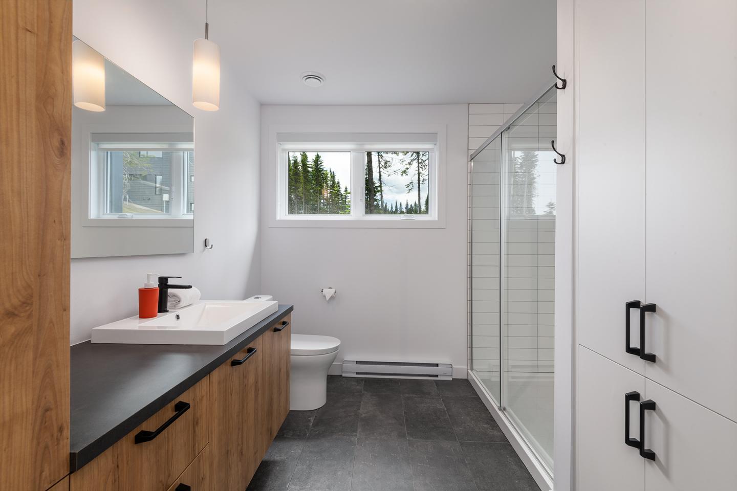 Salle de bain moderne avec douche vitrée, lavabo double et armoire en bois clair.