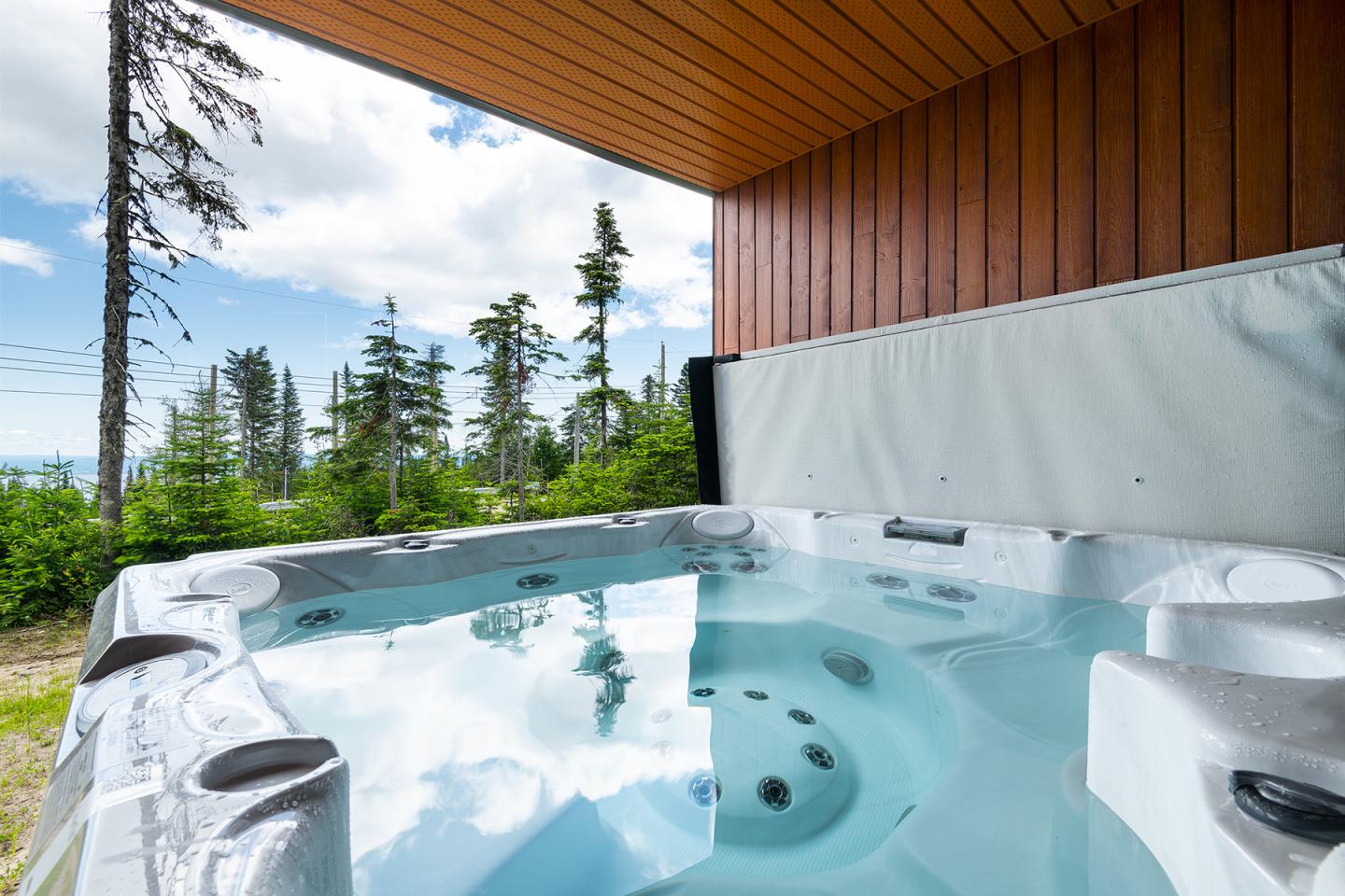 Jacuzzi extérieur entouré de nature et ciel bleu.