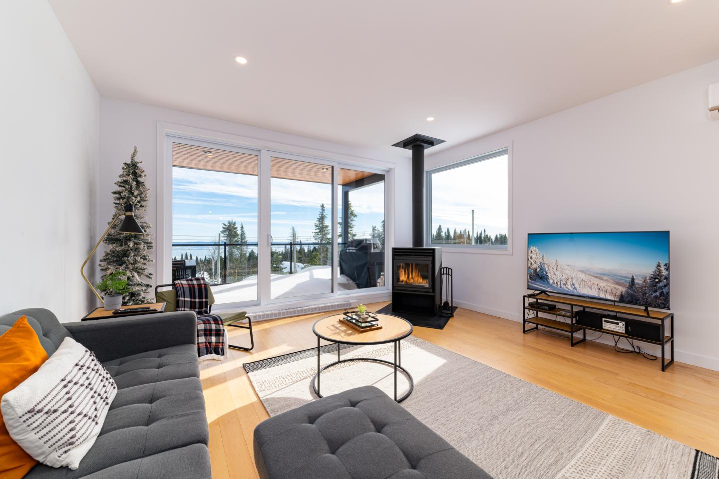 Salon moderne avec cheminée, vue sur balcon enneigé, canapé gris et télé grand écran.