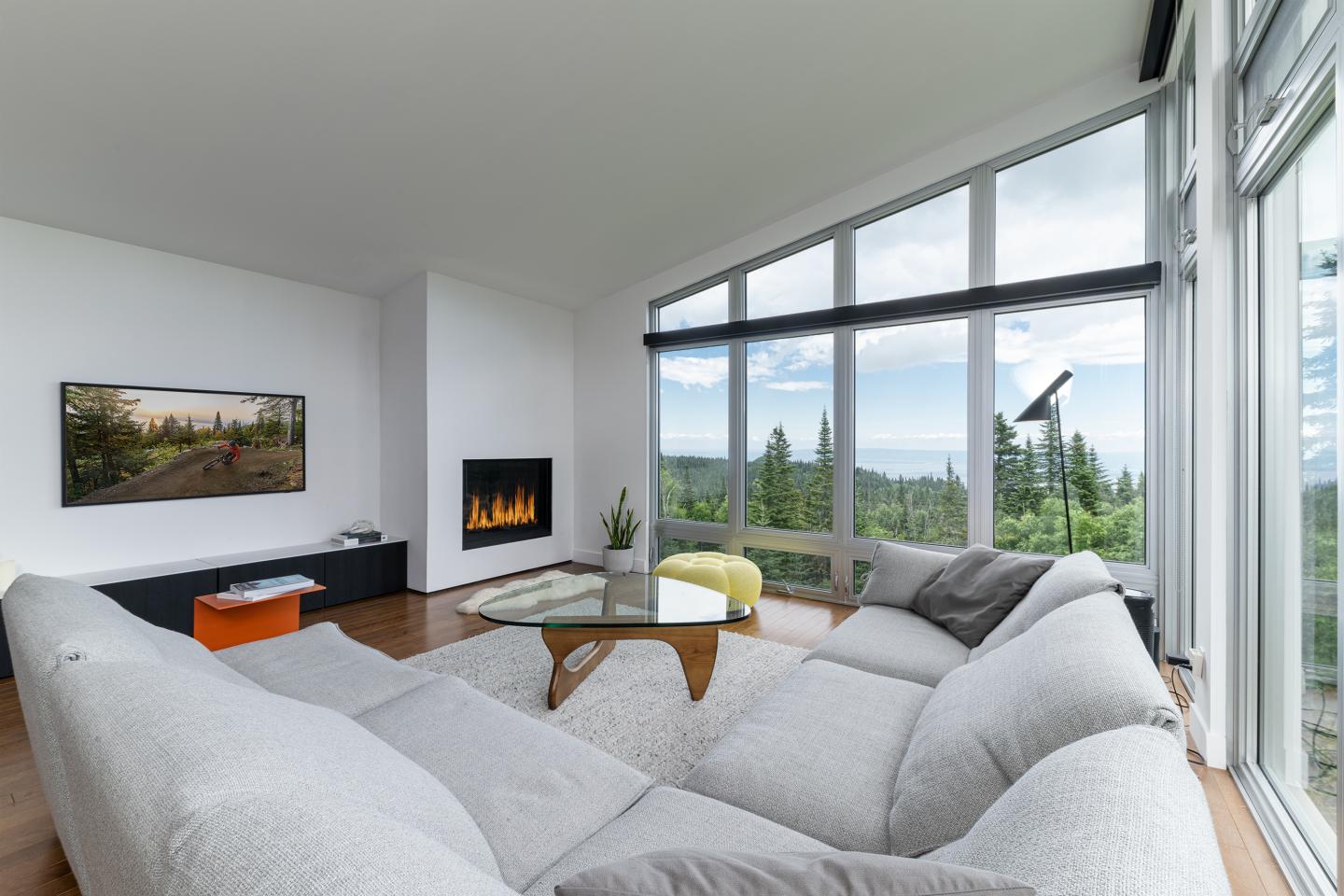 Salon moderne avec canapé gris, cheminée allumée et grande baie vitrée avec vue sur forêt.