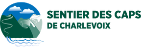 Logo du Sentier des Caps avec montagnes, rivière et nuages.