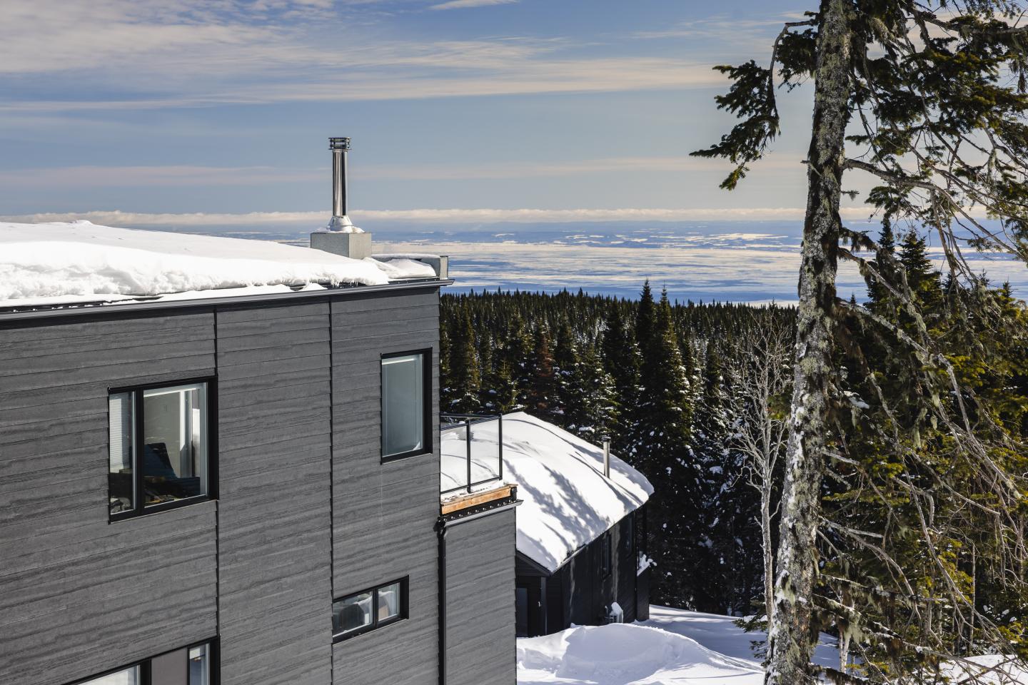Maison moderne enneigée, forêt et ciel dégagé en arrière-plan.