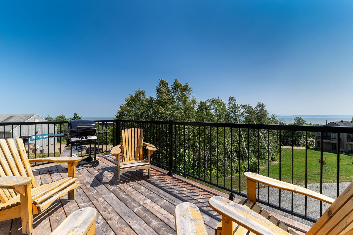 Terrasse en bois avec chaises, barbecue, vue sur jardin et mer.